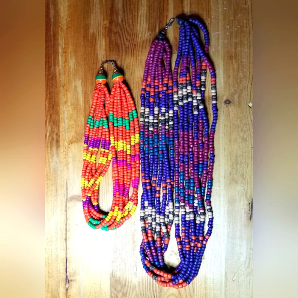 Natural Tribal Wooden Bead Necklace Duo